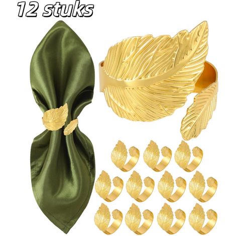 Lot de 12 ronds de serviette en métal en forme de feuille pour décoration de table Noël Pâques mariage fête et repas couleur dorée (1/5)
