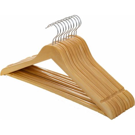 GROOFOO Cintres en Bois Massif Adultes, Lot de 10 Cintre Bois Manteaux avec Barre pour Pantalon et Encoches pour Épaules,Naturel Cintres pour Costumes Crochet Rotatif à 360° Cintres Porte-Manteaux (1/5)