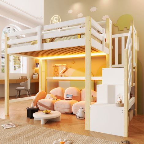 Cama alta 90x200 cm blanca y natural de pino y MDF con LED y escalera con almacenaje (1/5)