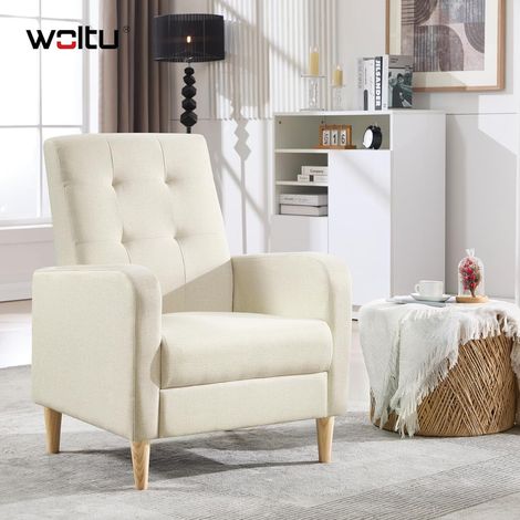 Woltu – Fauteuil relax en lin beige – Accoudoirs et dossier haut – Pieds en bois massif – Rembourrage mousse épaisse pour confort prolongé (1/5)