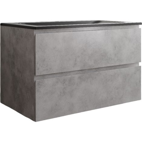 Unterschrank Bernstein AVA 80 cm mit Mineralguss Waschbecken BRUXELLES - Badmöbelfarbe Beton, Waschbecken Schwarz matt ohne Hahnloch