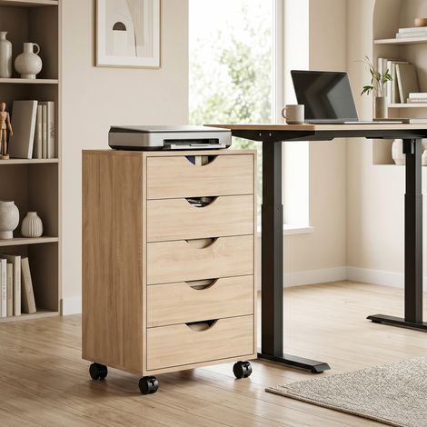 Caisson bureau mobile, meuble rangement sur roulettes avec 5 tiroirs, bois, 40 x 40 x 67 cm, chêne (1/5)