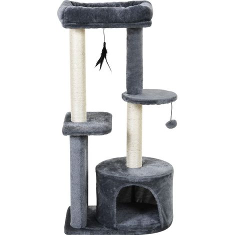 easycomfort albero tiragraffi per gatti adulti su più livelli, castello per gatti con cuccia, posatoio e 2 ripiani, bianco e grigio, 48x35x100cm (1/5)