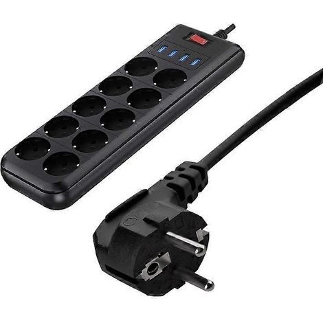 Multiprise avec protection contre les surcharges, 10 prises, 4 ports USB et une rallonge électrique de 2 mètres, adaptée à une utilisation à domicile et au bureau. (1/4)