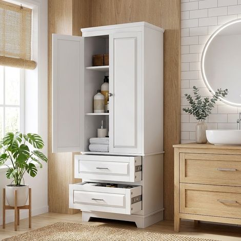 Armoire de Rangement Haute 185x70x47cm - Meuble de Salle de Bain Colonne, Buffet de Cuisine avec 2 Portes, Étagère Réglable et 2 Tiroirs - Blanc (1/5)