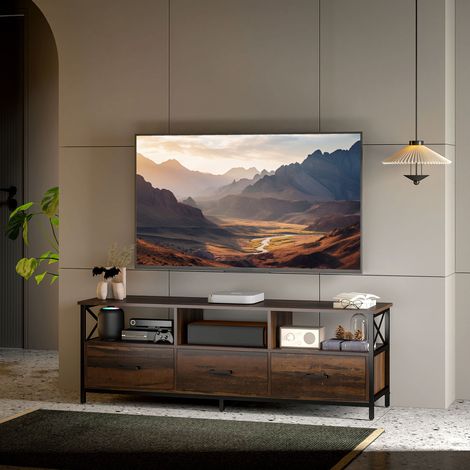 Meuble TV industriel avec 3 tiroirs et 3 étagères ouvertes, en bois et acier, 147 x 40 x 50 cm, noir et marron (1/5)