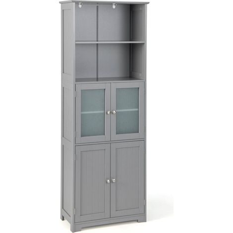 Armoire de salle de bain grise 6 étages en MDF avec 2 compartiments ouverts et étagères réglables pour buanderie, chambre et entrée (1/5)