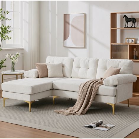 Sofá esquinero 187.5x130x79 cm beige de madera y chenilla con chaise longue reversible (1/5)