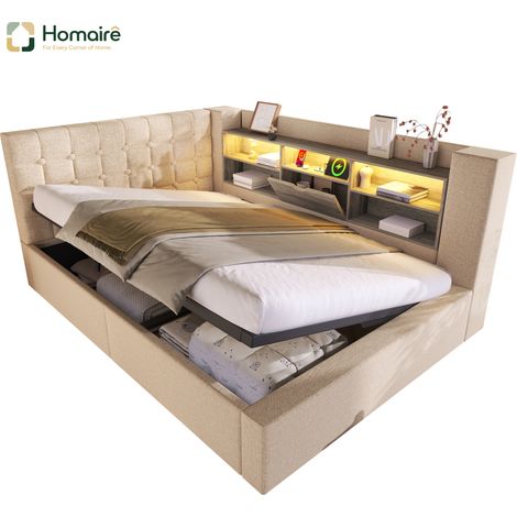 Cadre de lit beige en tissu avec rangement et port USB 213 x 158 x 86 cm HOMAIRE (1/5)