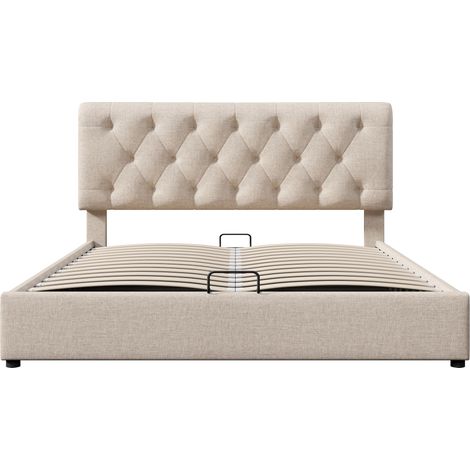 (=798075AAN) Lit double rembourré hydraulique 160x200 cm, tête de lit réglable, lit avec sommier à lattes en cadre métallique, lit moderne avec espace de rangement, naturel, matelas inclus (1/5)