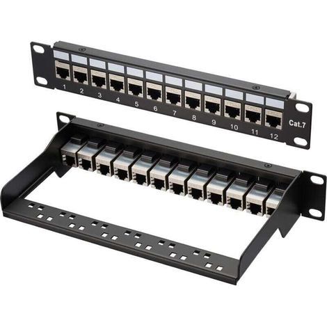 Panneau de brassage LAN Switch 12 ports Cat 7 10" Panneau de distribution blindé Montage en rack Montage serveur pour commutateur réseau Gigabit Bureau et montage mural Blindé (1/4)