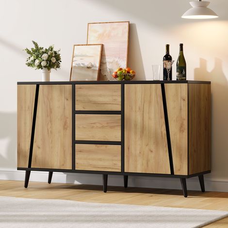Buffet de rangement 120×40×70 cm 2 portes et 3 tiroirs, meuble d'appoint pour coin café, salon, cuisine et bureau, bois naturel et noir (1/5)