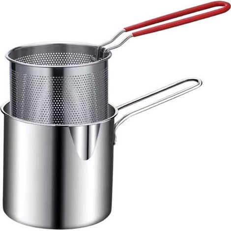 Padella - Set di padelle - Padella con colino in acciaio inox - Padella portatile in acciaio inox - Coperchio in acciaio inox - Mini friggitrice per gamberi - Piccola friggitrice per cucine domestiche
