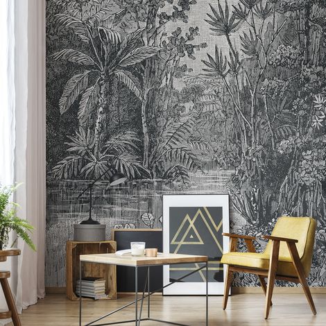 Papier peint panoramique Jungle 200 x 280 cm – Motif jungle en nuances de gris – Texture lisse – Résistant à la lumière – Art For The Home (1/5)