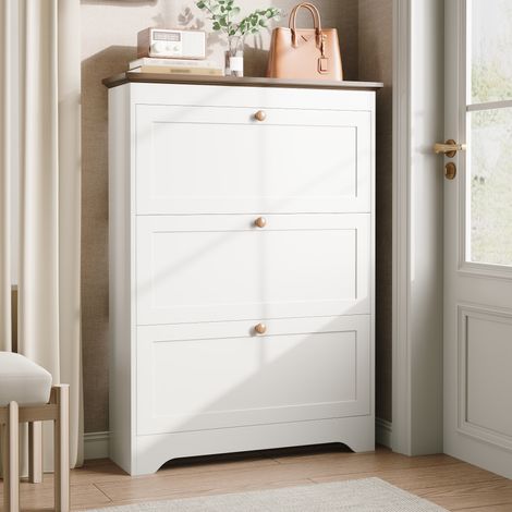 Schuhschrank 87 x 26 x 120 cm - Schuhkipper mit 3 Klappen und Soft-Close - platzsparendes Slim-Design - MDF - Weiß (1/5)