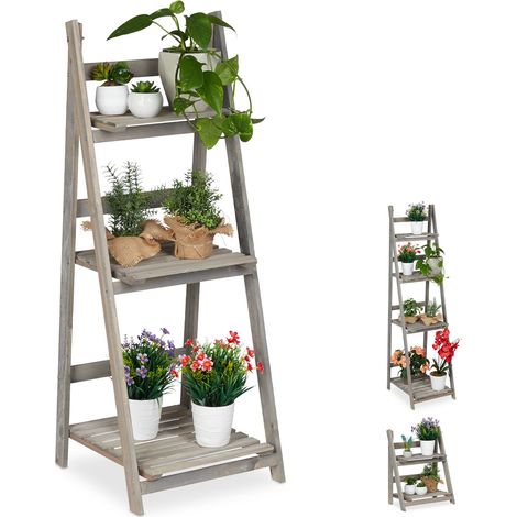 Relaxdays Blumentreppe, 3-stufig, Blumenleiter Holz, klappbar, Leiterregal für Pflanzen, HBT: 108 x 41 x 40 cm, grau