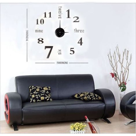 Horloge Murale - Miroir 3D - 500 x 500 mm - Pile AA - Chiffres Noirs - Lettres Anglaises et Chiffres Arabes - 1 Unité (1/4)