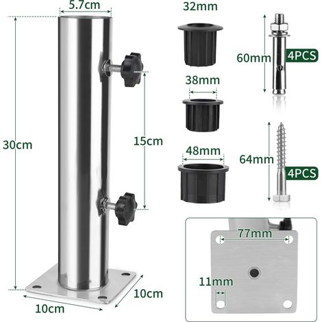 Tubo per ombrellone, base per ombrellone, supporto per ombrellone regolabile in acciaio inox con 3 anelli di riduzione in PVC (32/38/48 mm), base per ombrellone con 8 punte in acciaio (1/4)