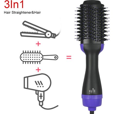 Peigne air chaud multifonction 3-en-1, lisseur boucleur, sèche-cheveux peigne, coiffant volumateur violet (1/4)