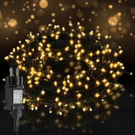 Jiubiaz Catena luminosa LED 10 m 100 LED bianco caldo, 8 modalità, memoria, cavo 5 m, IP44, cavo nero, per Natale, giardino, balcone, terrazza, feste e albero (1/5)