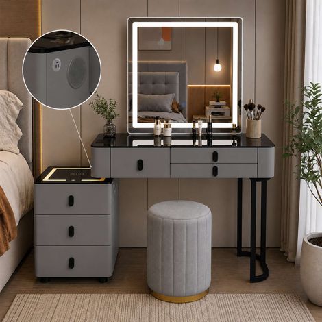 Modern Vanity Table with LED Light Mirror, Storage Drawers and Cushioned Stool - Grey W120 x D40 x H135 cm (1/4)
