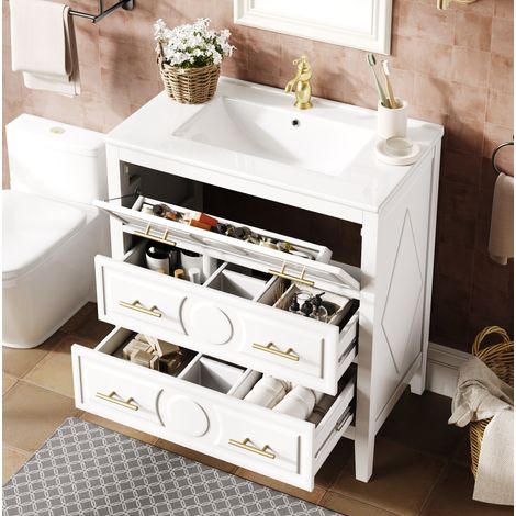 Mueble de baño con lavabo retro blanco en MDF, lavabo de cerámica, 3 cajones soft-close, 81 x 46,5 x 86,5 cm (1/5)