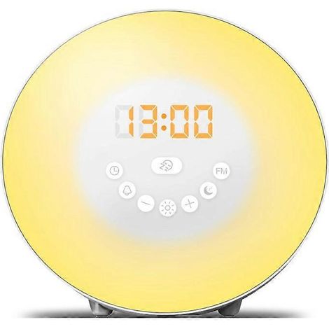 Réveil lumineux LED coloré, design rond, simule le lever et le coucher du soleil - lumière de réveil, avec fonction récepteur radio FM, décoration intérieure. (1/5)