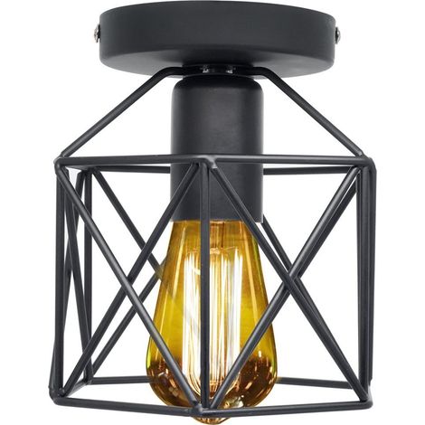 Retro Chandelier Square Cage Ceiling Light Metal Vintage Ceiling Lamp For Balcony Hall, Living Room, Kitchen, Country House (Black)