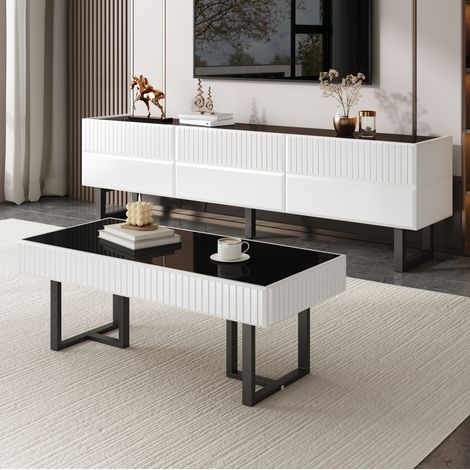 TV-Möbel- und Couchtisch-Set, schwarz/weiß, MDF und PB, Hochglanz (1/5)