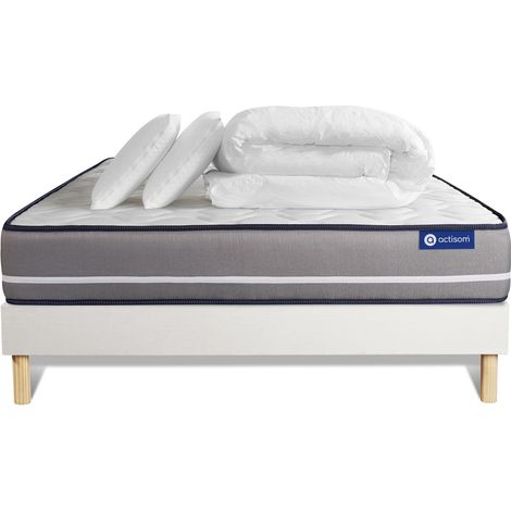 Komplettpaket Bett - Matratze 140x200 cm + Boxspringbett mit Lattenrost (im Set) + 2 Kopfkissen + Bettdecke - Actimemo Pur