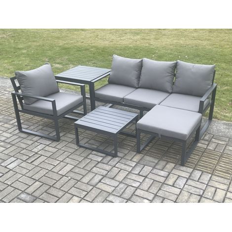 Fimous Aluminium Outdoor Garden Furniture Set Lounge Sofa Chairs Square Coffee Table Sets with Side Table Big Footstool Conservatory Set Dark Grey (1/5)