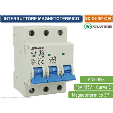 SANDASDON INTERRUTTORE MEGNETOTERMICO PER BARRA DIN 3 MODULI 3P 415V CURVA C 6KA 16A (1/2)