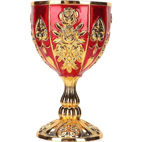 Vergoldeter Kelch, 10 cm hoch, aus Zinklegierung, mit floralem Retro-Prägemuster, elegant und edel, ideal für Partys, Bankette und Bars – Gold und Rot (1/5)