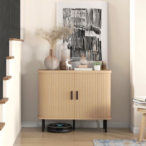 Mobile credenza con ante scorrevoli a doghe, mobile da cucina con gambe in acciaio, finitura rovere.