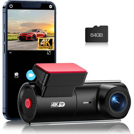 4K Dashcam Voiture, UHD 2160P Dash Cam, WiFi Intégré & Carte SD 64G, Mode Stationnement 24H, Vision Nocturne, WDR, Camera Embarquée Voiture Grand Angle 170°, G-Capteur, Enregistrement en Boucle