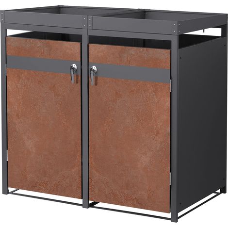 ML-Design Box Double pour 2 Poubelles avec Toit Végétal, jusqu'à 240L, 132x80x124 cm, Acier/Acier Corten, Anthracite/Aspect Rouillé, Résistant aux Intempéries, Habillage Verrouillable, Conteneur Abri (1/5)