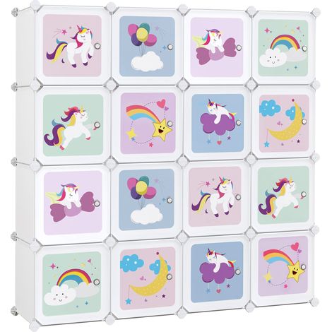 Meuble Rangement Enfant 16 Cubes, Armoire Modulable avec Portes, Étagère en Plastique, pour Jouets, Vêtements, Chaussures, Sacs d'École, 123 x 31 x 123 cm, Blanc LPC906W01 (1/5)