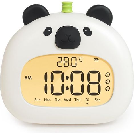 Longziming - Réveil enfant mignon avec veilleuse panda – Écran LED numérique de 8 cm, 3 alarmes, mode week-end, affichage de la date et de la température, rechargeable – Idéal pour la chambre d'enfant (1/5)
