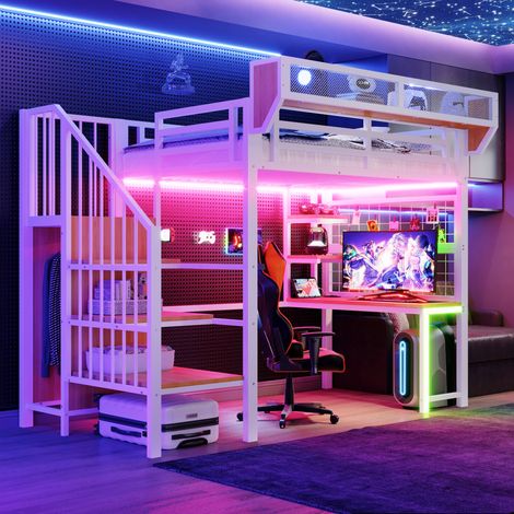 Lit mezzanine métal 90x200 cm avec bureau, étagère, LED et prise électrique blanc