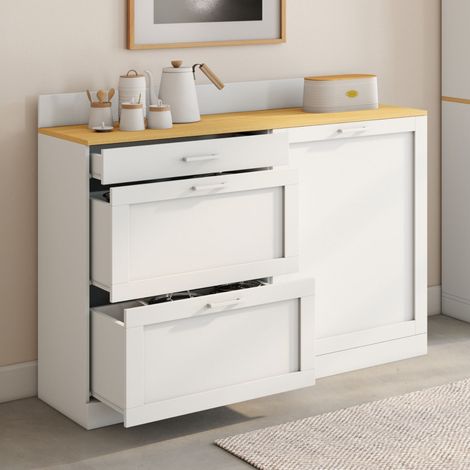 Aparador bajo de cocina 120 cm casserolier VITO encimera H.83 cm 1 puerta + 3 cajones en blanco y encimera efecto haya (1/5)
