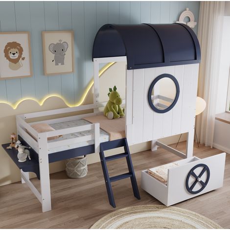 Kinderbett 90x200 mit Schublade, Dach und Fenster OKMYHOME (1/5)