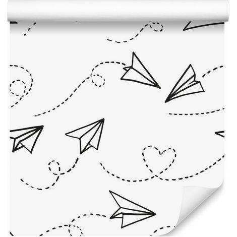 Carta da parati con aeroplanini di carta e cuori per soggiorno e camera da letto 50x1000 cm (1/5)