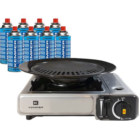 Barbecue gaz Grill 2en1 Réchaud gaz piézo 2200 W + 8 cartouches gaz butane KEMPER