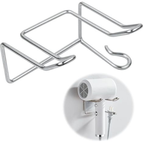 Support pour sèche-cheveux autocollant en acier inoxydable avec système de gestion des câbles, pour salle de bain, chambre, hôtel, argenté, 9,5 x 5,3 cm (1/5)
