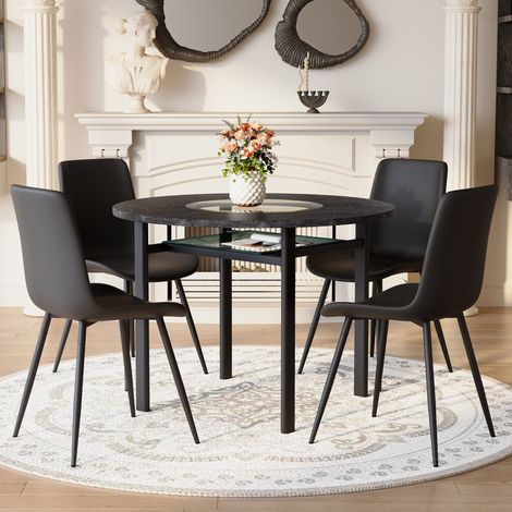 MEUBLIV Ensemble table ronde 100 cm noire – 4 chaises, rangement en verre (1/5)
