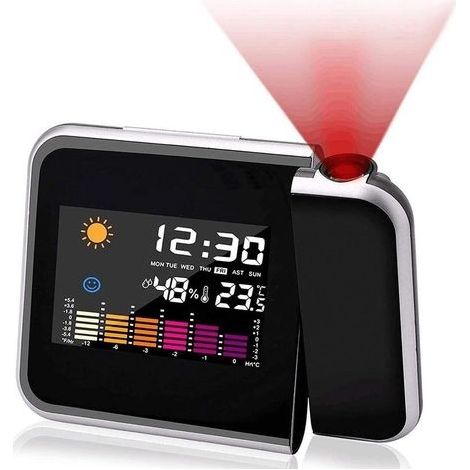Réveil Projecteur,Réveil numérique de Chevet Réveil de Mode, Réveil numérique LED avec Station horaire/Affichage LCD/Température et Date /Charge USB/12&24h/Noir. (1/5)