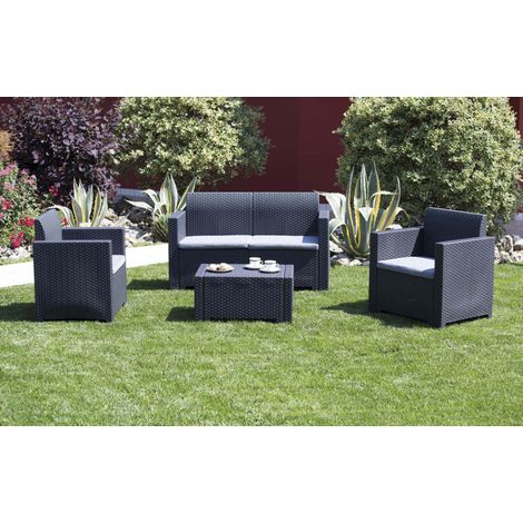 Salotto da esterno giardino 4 posti in resina e wicker con tavolino e cuscini Creta - Black (1/4)