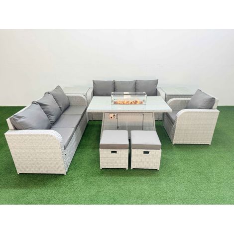 Fimous 9 Seater Poly Rattan Outdoor Garden Furniture Firepit Dining Table Sofa Set Patio 3 Seater Sofa Reclining Chair 3 Seater Sofa Stools 2 Side Table Light Grey (1/4)