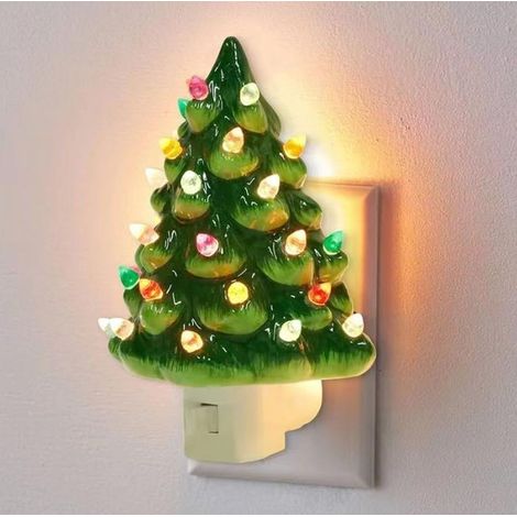 1 veilleuse de Noël, sapin LED avec neige décorative, design vintage en céramique, idéale pour chambre d'enfant ou salon festif (1/4)