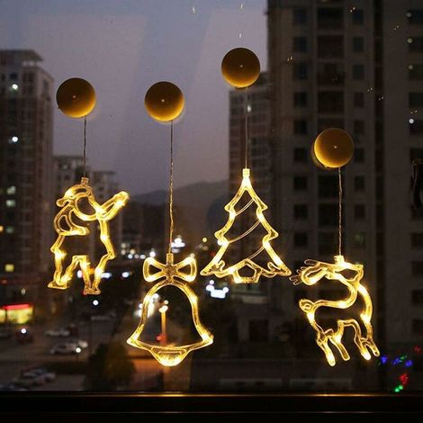 luces navideñas para ventana, luces LED con ventosa para árbol de Navidad, campanas de Papá Noel y adornos navideños de reno para ventana (conjunto navideño A) (1/4)